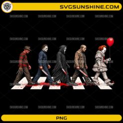 Horror Movie Villains Abbey Road PNG featuring horror-inspired characters walking across a crosswalk in a Halloween design
