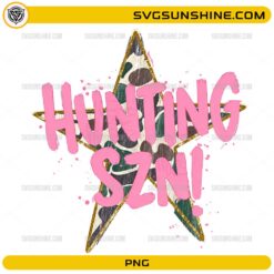 Hunting SZN PNG with pink brush lettering and camouflage star design for hunting season apparel