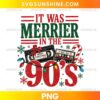 It Was Merrier In The 90s PNG with vintage Christmas cassette tapes, holiday lights, candy cane, and retro festive typography