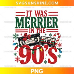 It Was Merrier In The 90s PNG with vintage Christmas cassette tapes, holiday lights, candy cane, and retro festive typography