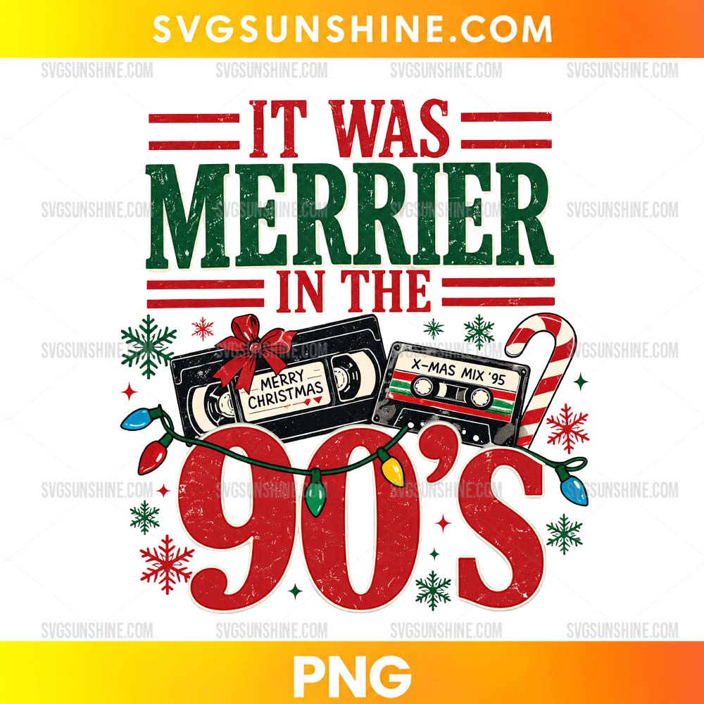 It Was Merrier In The 90s PNG with vintage Christmas cassette tapes, holiday lights, candy cane, and retro festive typography