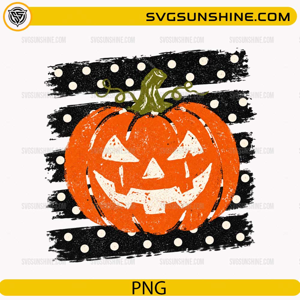 Jack O Lantern Pumpkin PNG featuring a distressed orange Halloween pumpkin with black polka dot background