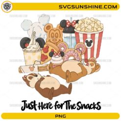 Just Here For The Snacks Disney Snack PNG with cute chipmunks, popcorn, donuts, ice cream and Disney-inspired snack treats