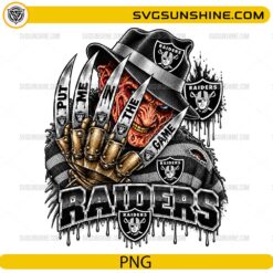 Las Vegas Raiders Freddy Krueger PNG featuring Put Me In The Game football horror design with claw glove and black silver team colors