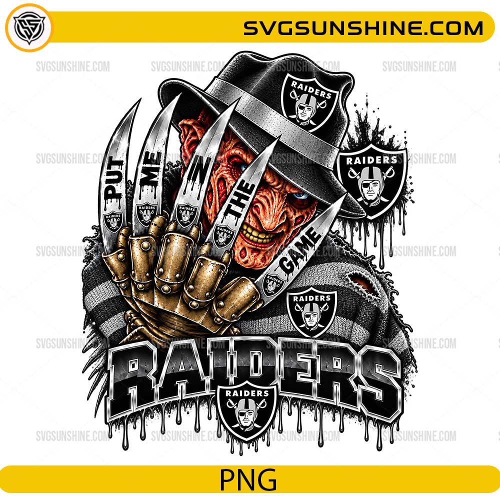 Las Vegas Raiders Freddy Krueger PNG featuring Put Me In The Game football horror design with claw glove and black silver team colors