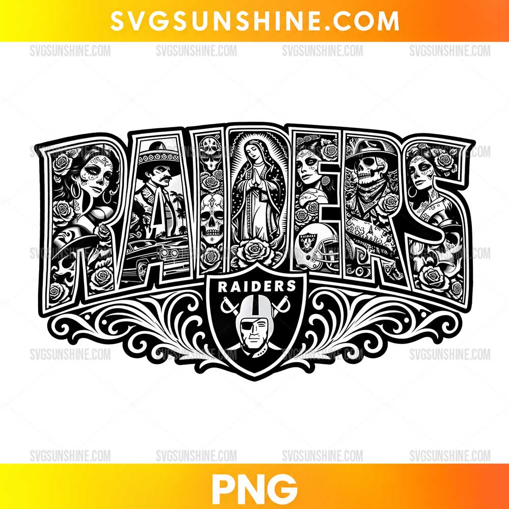 Las Vegas Raiders Sugar Skull PNG with Chicano style artwork, roses, skulls, and football fan design
