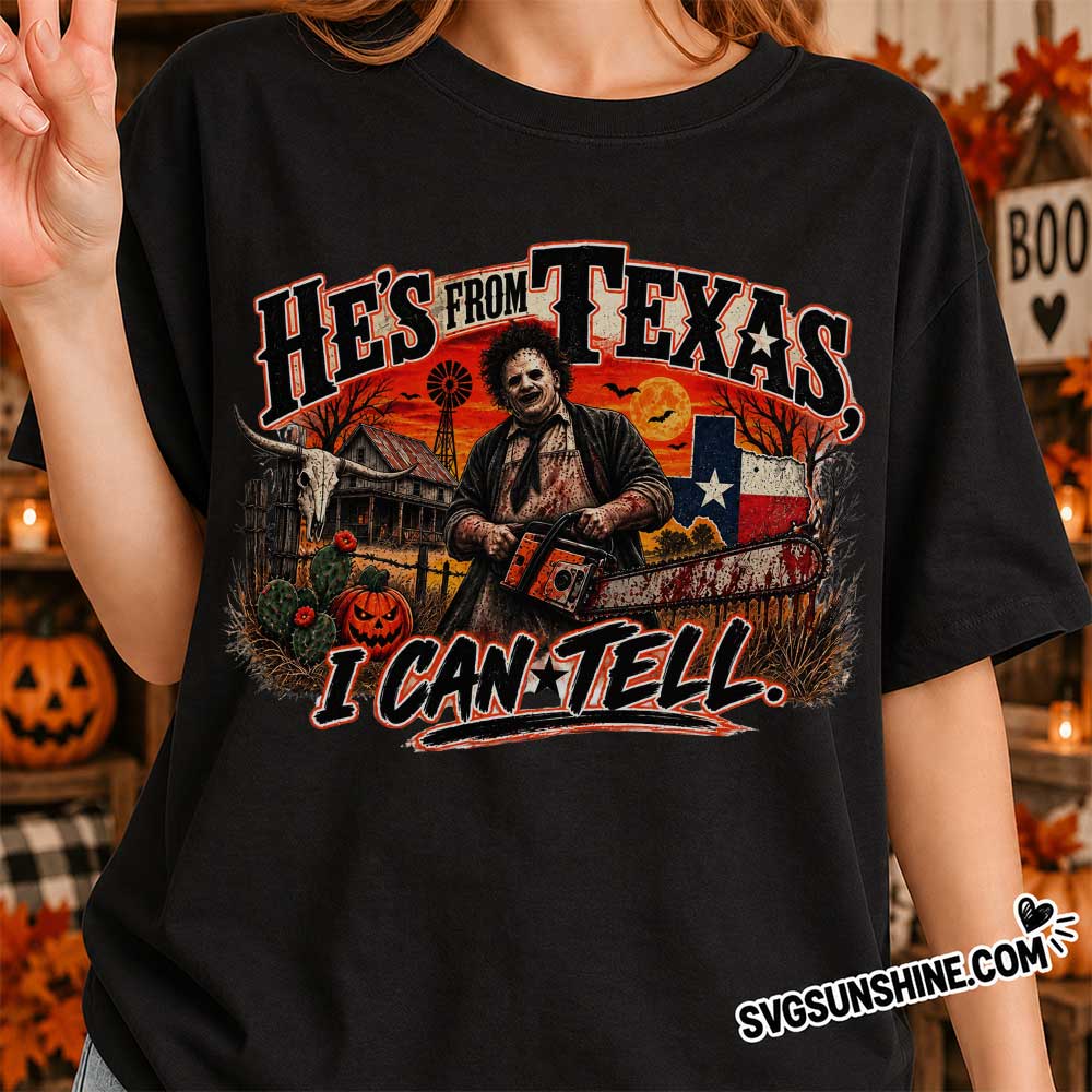 Leatherface He’s From Texas I Can Tell Halloween shirt mockup featuring Texas horror design on black t-shirt