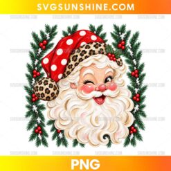Leopard Print Santa Claus PNG with winking Santa face, festive greenery, red berries, and stylish Christmas hat