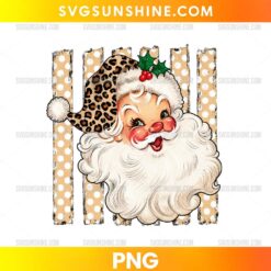 Leopard Print Santa Claus PNG featuring a vintage Santa face with leopard print hat and rustic farmhouse Christmas background