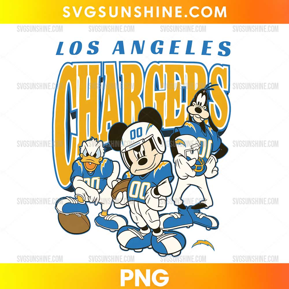 Los Angeles Chargers Disney PNG featuring football-themed cartoon characters in team-inspired uniforms