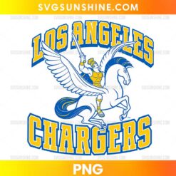 Los Angeles Chargers Hercules and Pegasus PNG featuring a heroic warrior riding a winged Pegasus in blue and gold sports colors.