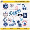 Los Angeles Dodgers SVG Bundle featuring baseball logos, LA monograms, heart designs, skull graphics, and sports-themed artwork