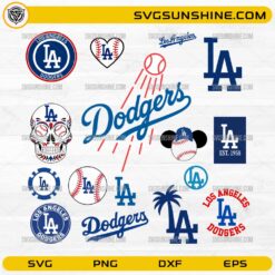 Los Angeles Dodgers SVG Bundle featuring baseball logos, LA monograms, heart designs, skull graphics, and sports-themed artwork