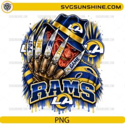 Los Angeles Rams Freddy Krueger PNG featuring Put Me In The Game football horror design with claw gloves and blue gold team colors