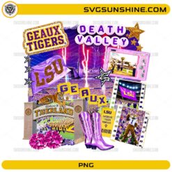 LSU Tigers Game Day PNG featuring Death Valley football collage, Geaux Tigers graphics, and purple gold game-day elements