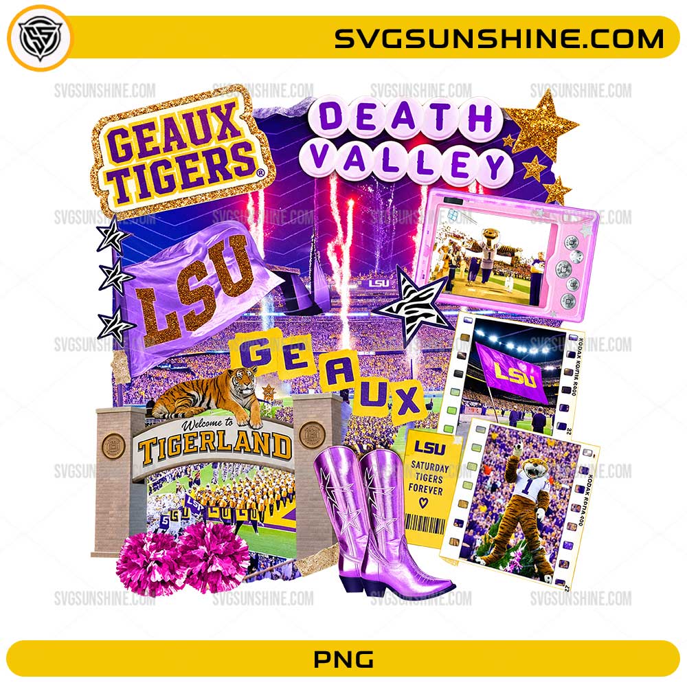 LSU Tigers Game Day PNG featuring Death Valley football collage, Geaux Tigers graphics, and purple gold game-day elements