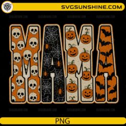 Mama Halloween PNG featuring retro block letters decorated with skulls, spider webs, pumpkins, spiders, and bats for Halloween sublimation projects.