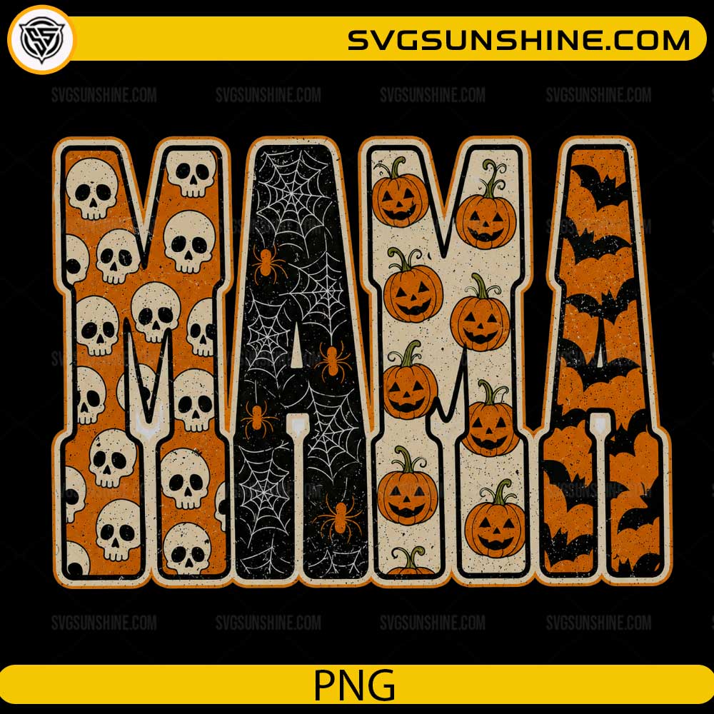 Mama Halloween PNG featuring retro block letters decorated with skulls, spider webs, pumpkins, spiders, and bats for Halloween sublimation projects.