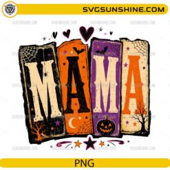 Mama Halloween PNG featuring retro vintage Halloween lettering with pumpkins, spider webs, bats, stars, and spooky seasonal elements.