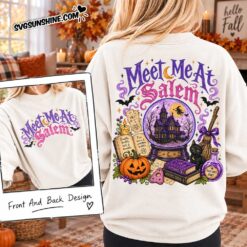 Meet Me At Salem front and back Halloween shirt design mockup featuring witchy Salem artwork with haunted house, crystal ball, black cat, pumpkins, and potion books