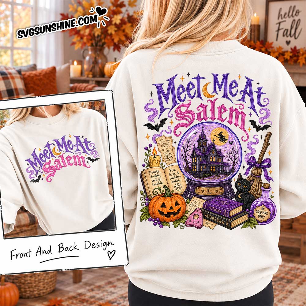 Meet Me At Salem front and back Halloween shirt design mockup featuring witchy Salem artwork with haunted house, crystal ball, black cat, pumpkins, and potion books