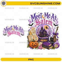 Meet Me At Salem PNG featuring witchy Halloween front and back shirt design with crystal ball haunted house, black cat, pumpkins, potion books, and broomstick