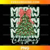 Merry Merry Merry Christmas PNG featuring a Christmas tree with red ornaments, buffalo plaid bow, snowflakes, and festive holiday typography