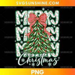 Merry Merry Merry Christmas PNG featuring a Christmas tree with red ornaments, buffalo plaid bow, snowflakes, and festive holiday typography