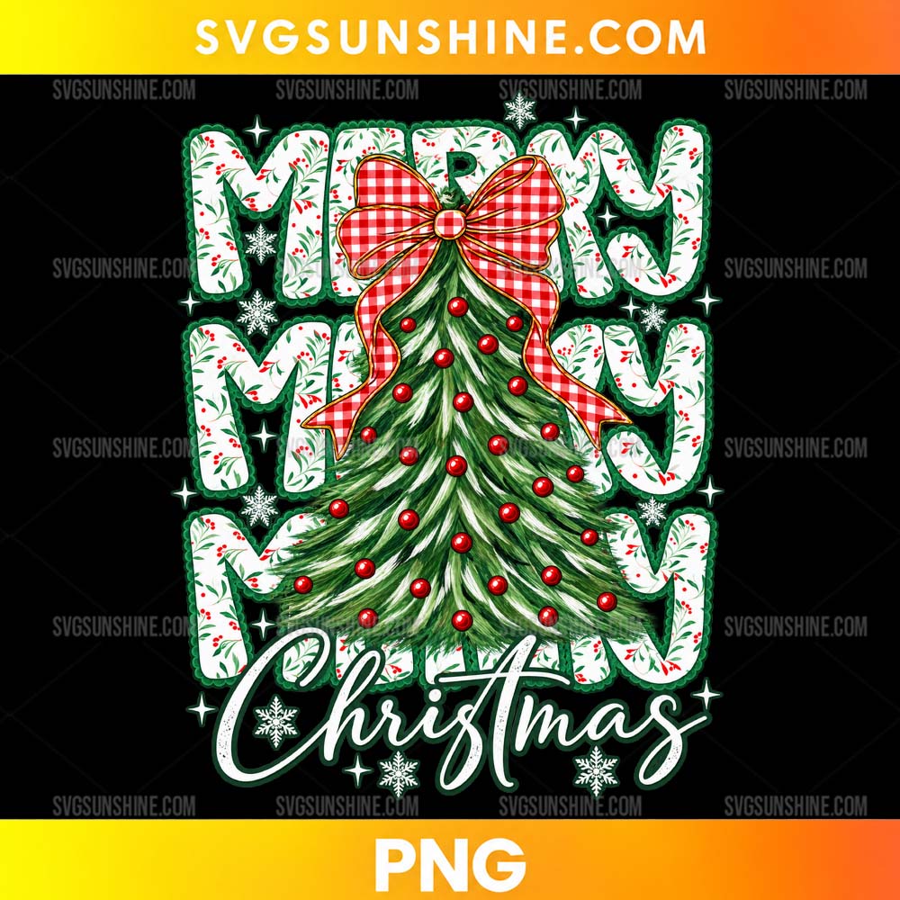 Merry Merry Merry Christmas PNG featuring a Christmas tree with red ornaments, buffalo plaid bow, snowflakes, and festive holiday typography