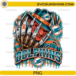 Miami Dolphins Freddy Krueger PNG featuring Put Me In The Game football horror design with claw glove and aqua orange team colors