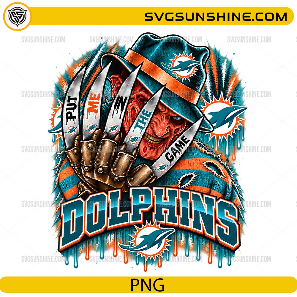 Miami Dolphins Freddy Krueger PNG featuring Put Me In The Game football horror design with claw glove and aqua orange team colors
