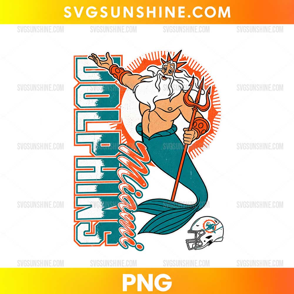 Miami Dolphins King Triton Miami PNG featuring a sea king holding a trident with Miami typography and football-inspired colors.