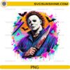 Michael Myers PNG featuring a retro horror character with neon colors, paint splatter effects, bats, and Halloween-inspired artwork