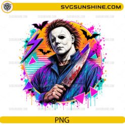 Michael Myers PNG featuring a retro horror character with neon colors, paint splatter effects, bats, and Halloween-inspired artwork