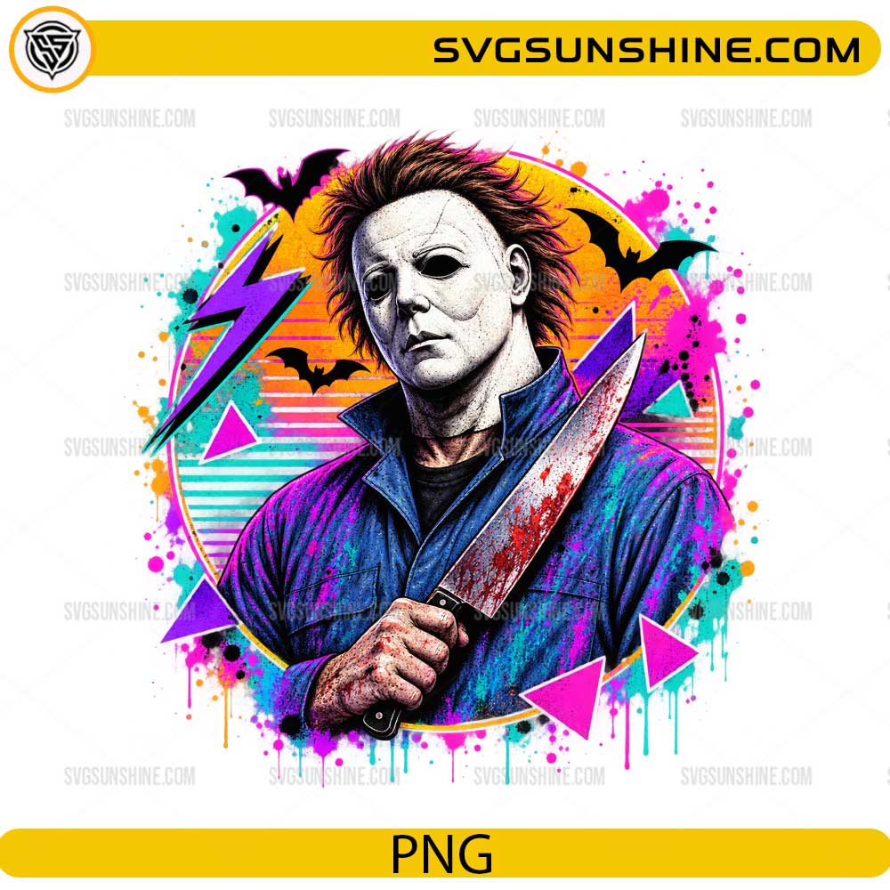 Michael Myers PNG featuring a retro horror character with neon colors, paint splatter effects, bats, and Halloween-inspired artwork