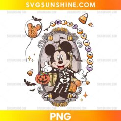 Mickey Mouse Trick or Treat Halloween PNG with skeleton costume, pumpkin candy bucket, spooky castle and Halloween decorations