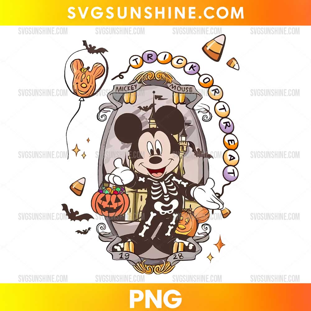Mickey Mouse Trick or Treat Halloween PNG with skeleton costume, pumpkin candy bucket, spooky castle and Halloween decorations