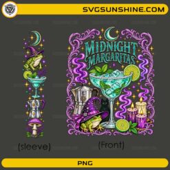 Midnight Margaritas Halloween PNG front design featuring witch frogs, margarita cocktail, candles, moon, and magical Halloween elements