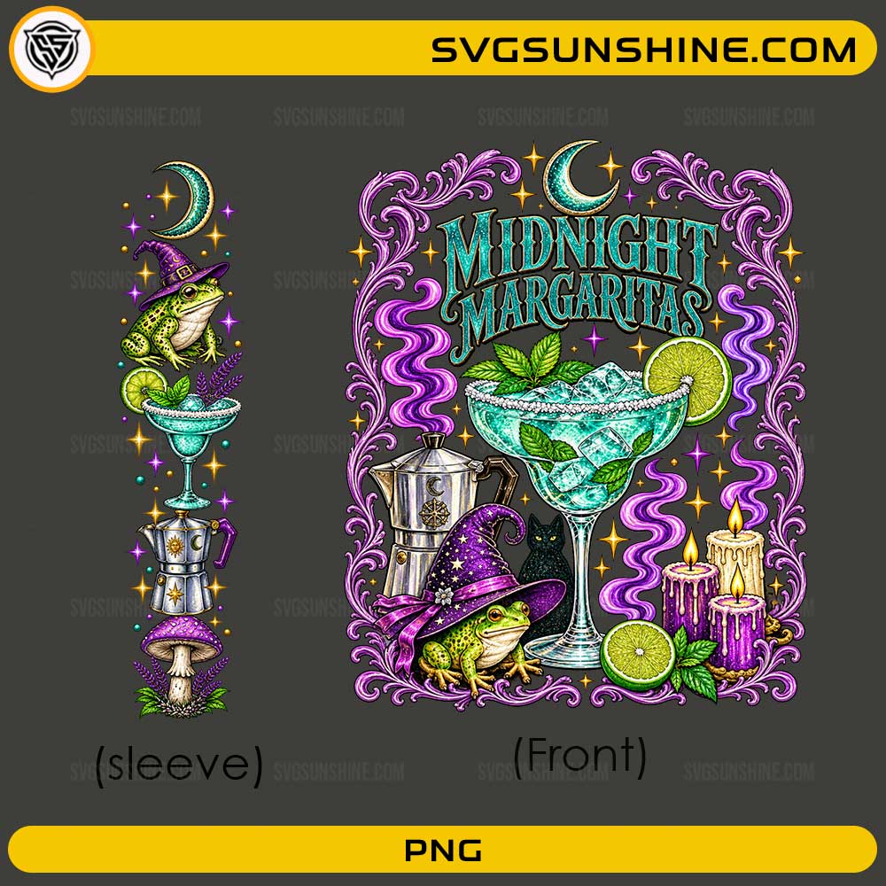Midnight Margaritas Halloween PNG front design featuring witch frogs, margarita cocktail, candles, moon, and magical Halloween elements
