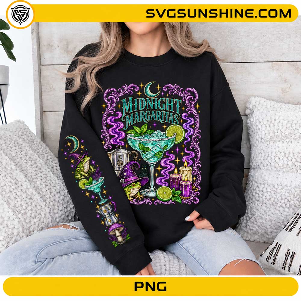 Midnight Margaritas Halloween sleeve PNG featuring witch frog, margarita glass, mushroom, moon, and magical accents