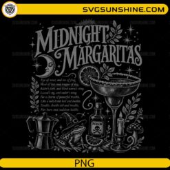 Midnight Margaritas PNG featuring witchy Halloween cocktail artwork with moon, potion bottle, frog, and vintage gothic elements
