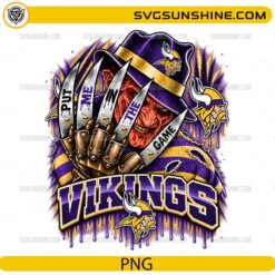 Minnesota Vikings Freddy Krueger PNG featuring Put Me In The Game football horror design with claw glove and purple gold team colors