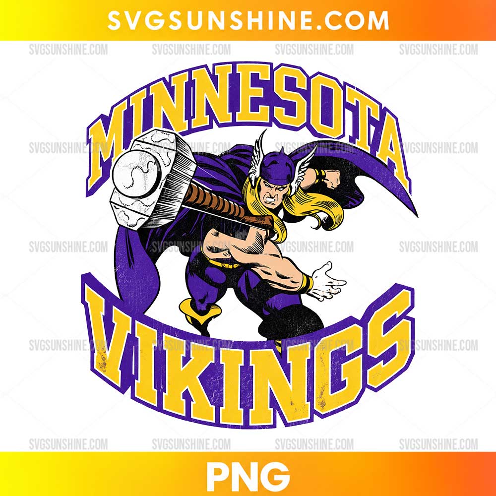 Minnesota Vikings Thor Hammer PNG featuring a thunder warrior wielding a giant hammer in purple and gold football-inspired colors.