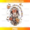 Minnie Mouse Trick or Treat Halloween PNG with skeleton costume, pumpkin candy bucket, bats, candy corn, and haunted castle