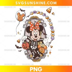 Minnie Mouse Trick or Treat Halloween PNG with skeleton costume, pumpkin candy bucket, bats, candy corn, and haunted castle
