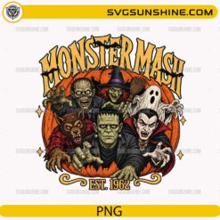 Monster Mash Est. 1962 PNG featuring classic Halloween monsters emerging from a giant pumpkin
