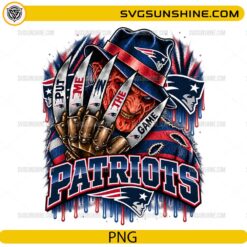 New England Patriots Freddy Krueger PNG featuring Put Me In The Game football horror design with claw glove and red white blue team colors