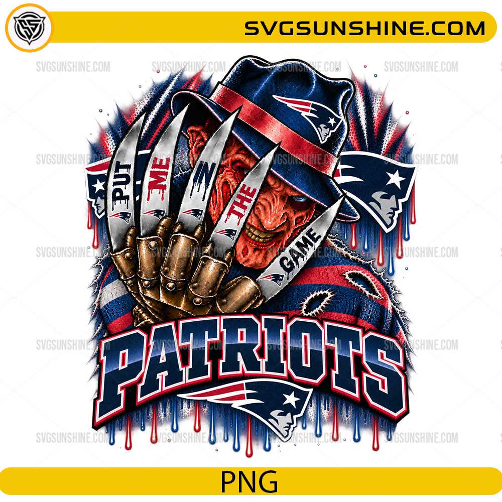 New England Patriots Freddy Krueger PNG featuring Put Me In The Game football horror design with claw glove and red white blue team colors