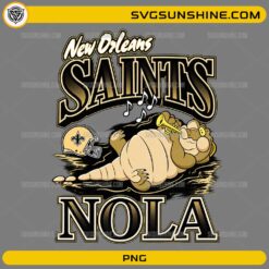 New Orleans Saints NOLA PNG cartoon alligator football design with trumpet and black gold typography