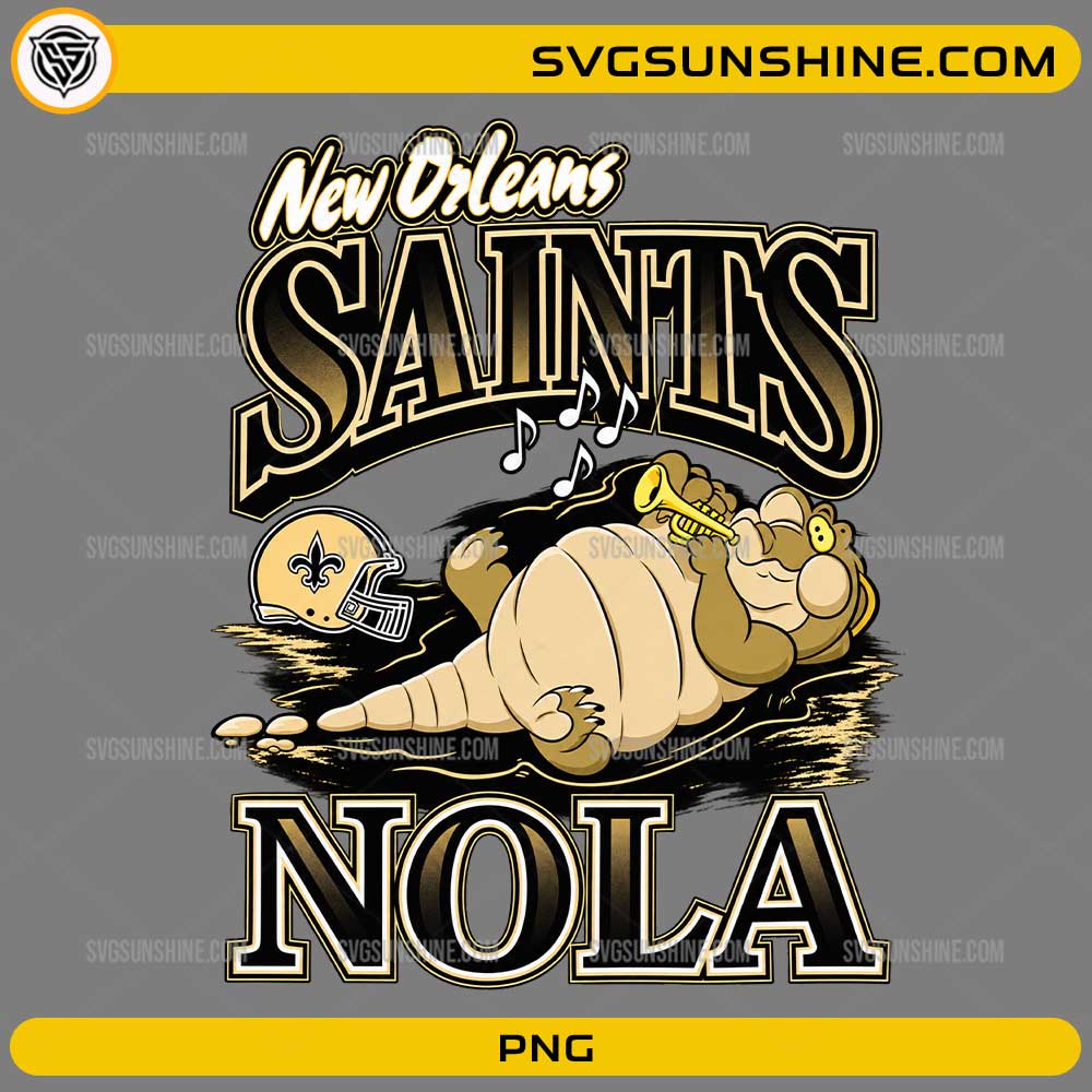 New Orleans Saints NOLA PNG cartoon alligator football design with trumpet and black gold typography
